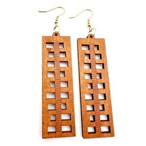 Art Deco Earrings Window Frame Chestnut Brown Laser Cut‎ Wood NEW